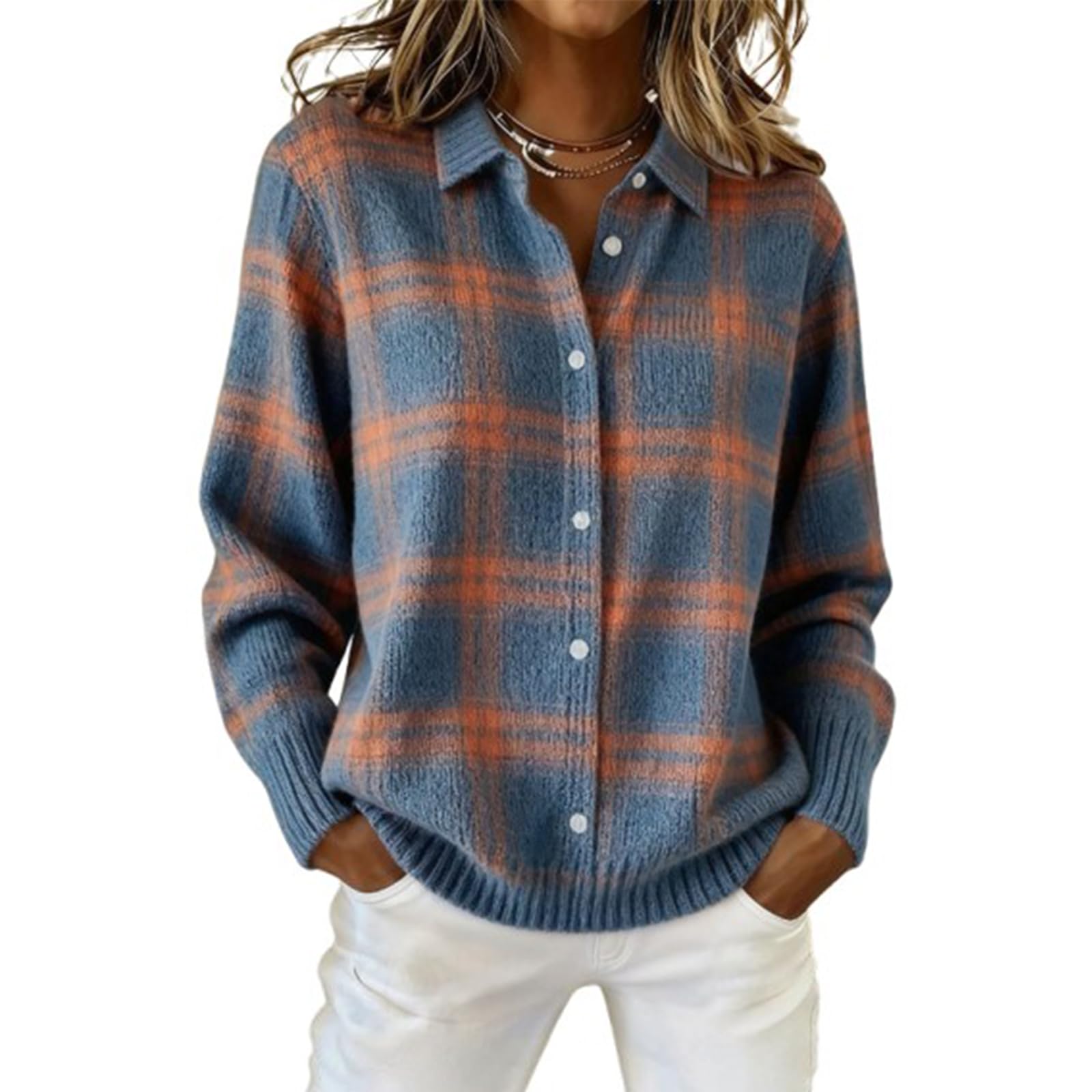 Womens Plaid Print Buttoned Cardigan Sweater Soft Long-Sleeve Checkered Knitwear