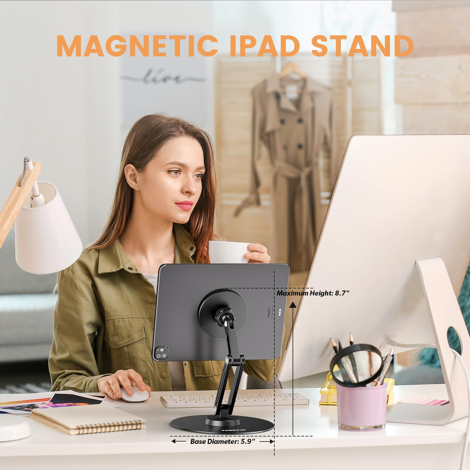 PROSWIFT Magnetic ipad Stand, Foldable Aluminum Alloy Tablet Stand for Desk, 360° Adjustable Rotatable Tablet Holder, Portable Accessories for Home Office Meeting Room