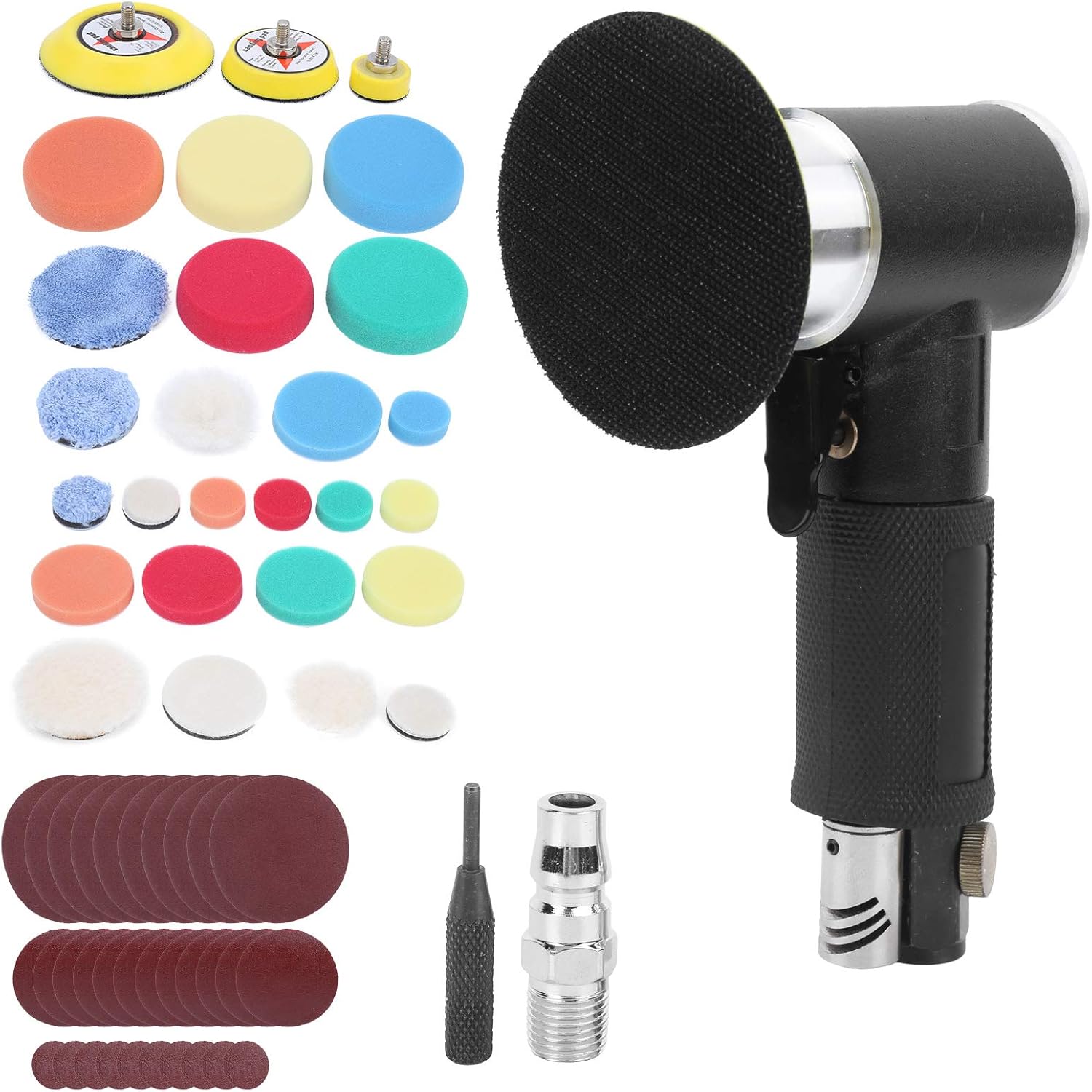 60Pcs Air Sander Set, Eccentric Pneumatic Grinder with 3mm Orbit, Adjustable Speed Polishing Machine for Metal Detail Work, Includes 3 Sizes of Polishing Pads for Rust Removal and (Japanese valve)