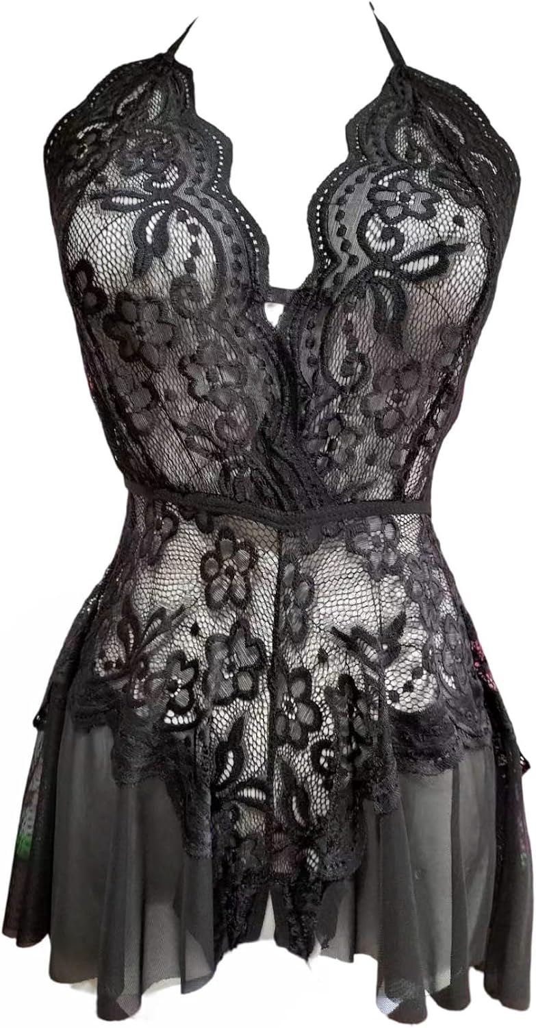 Women Sexy Halter Babydoll Lingerie V Neck Lace Dress Backless Chemise Nightgown