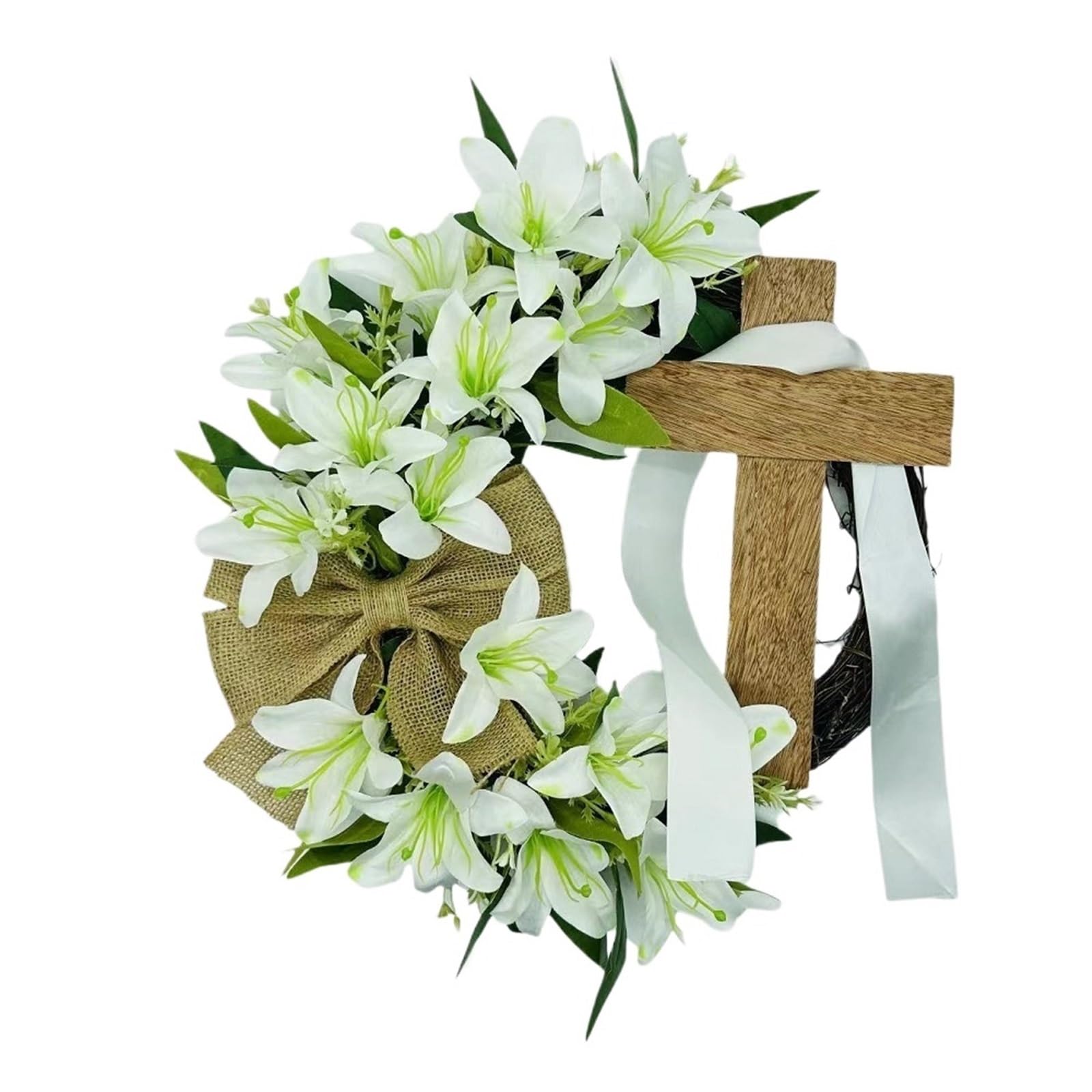 Door Wreath 45cm Easter Cross Wreath Imitation Plant Spring Door Hanging Decoration Flower Festival Home Garland(White,35cm)