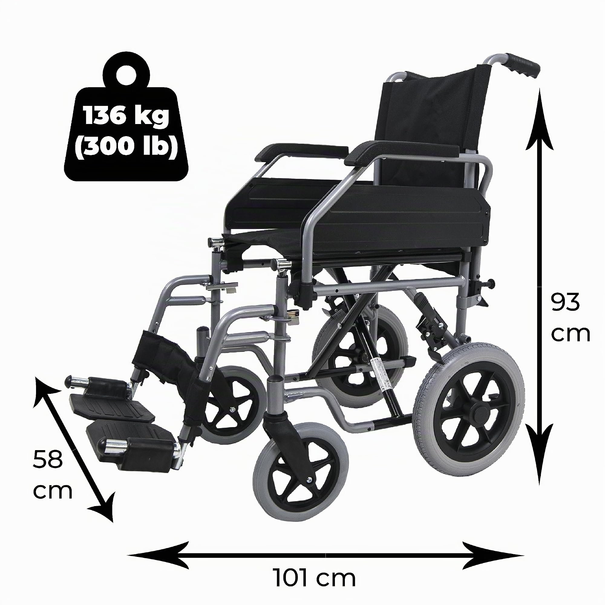 SANITEC - Silla de Ruedas de Acero Ligero para Minusválidos, Plegable, Resistente 136 Kg, Freno manual, Reposapiés y Reposabrazos abatibles y extraíbles. Ortopedia y Ayudas Técnicas
