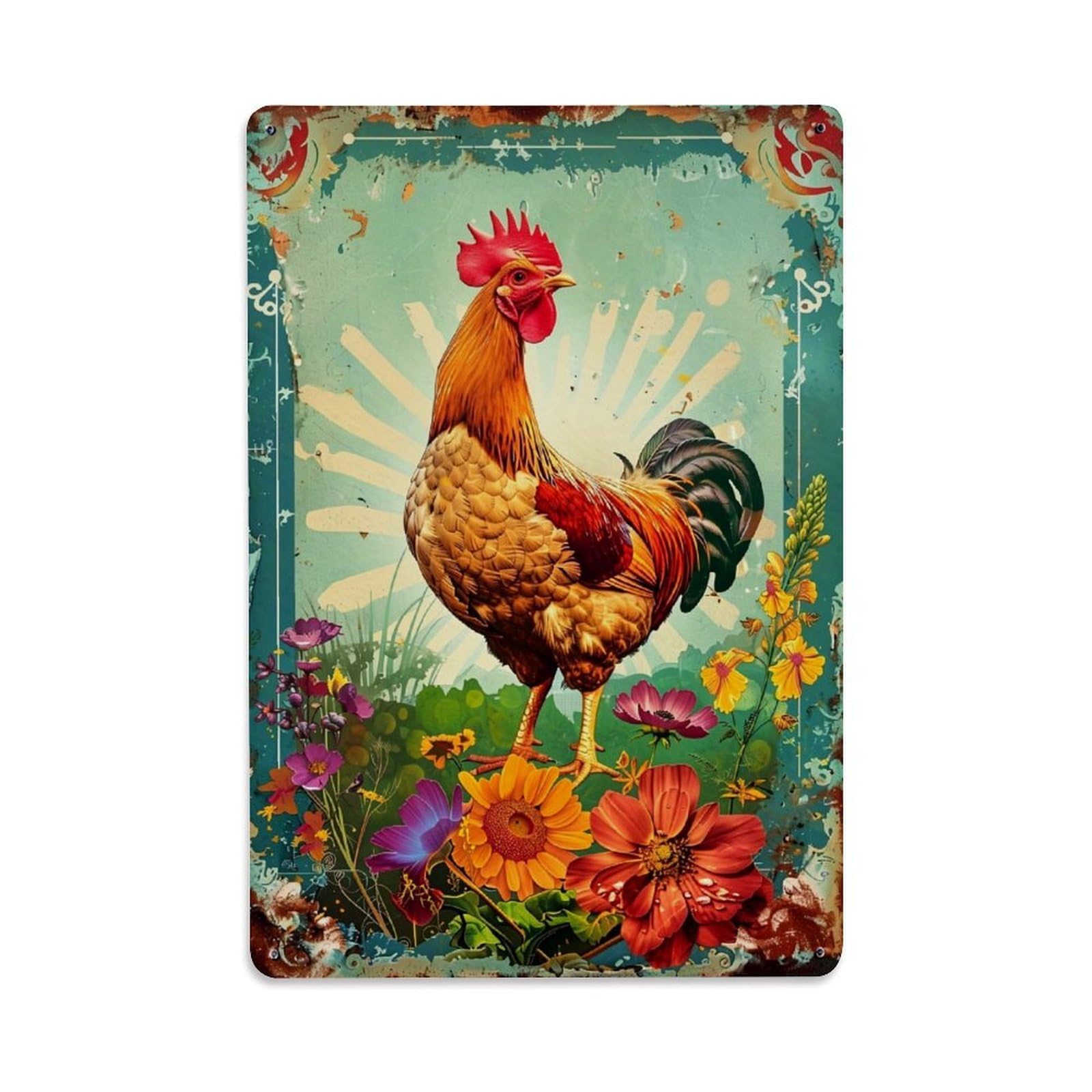 Jdyaojiesheng Vintage Rooster Floral Artwork Pattern Tin Sign Retro Metal Wall Decor Metal Poster, Home Bar Garage Farmhouse Cafe Wall Art Decoration 8X12inches