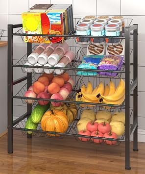 4-Tier Fruit and Vegetable Storage Rack, Freestanding Snack Stand Shelf with 8 Removable Baskets, Small Kitchen Island for Pantry Floor Organization, Black