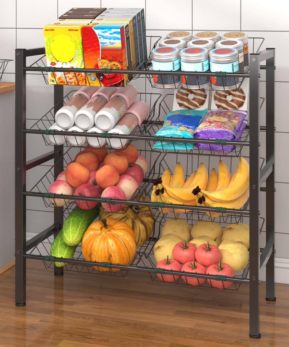 Photo 1 of Tigerden 4-Tier Kitchen Storage Rack, Metal Pantry Storage Stand, Fruit Basket Stand with 8 Fruit Vegetable Baskets, Freestanding Snack Organizer Shelf Unit for Living Room, Office, Apartment, Black