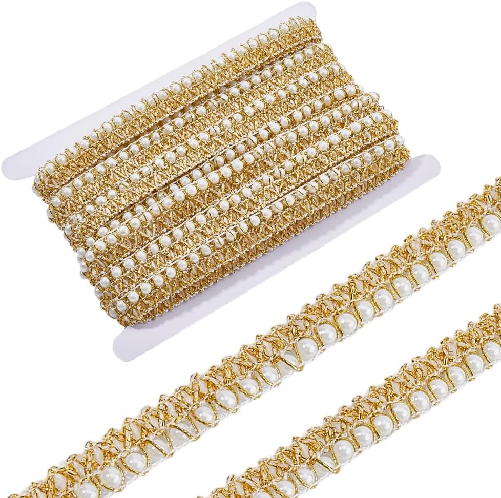 FINGERINSPIRE 10Yards Pearl Lace Trim 5/8Inch Width Silver White Beaded Trims Ribbon Polyester Lace Trim with White Plastic Beads for Wedding Dresses DIY Craft Projects Elegant Decorative Edging