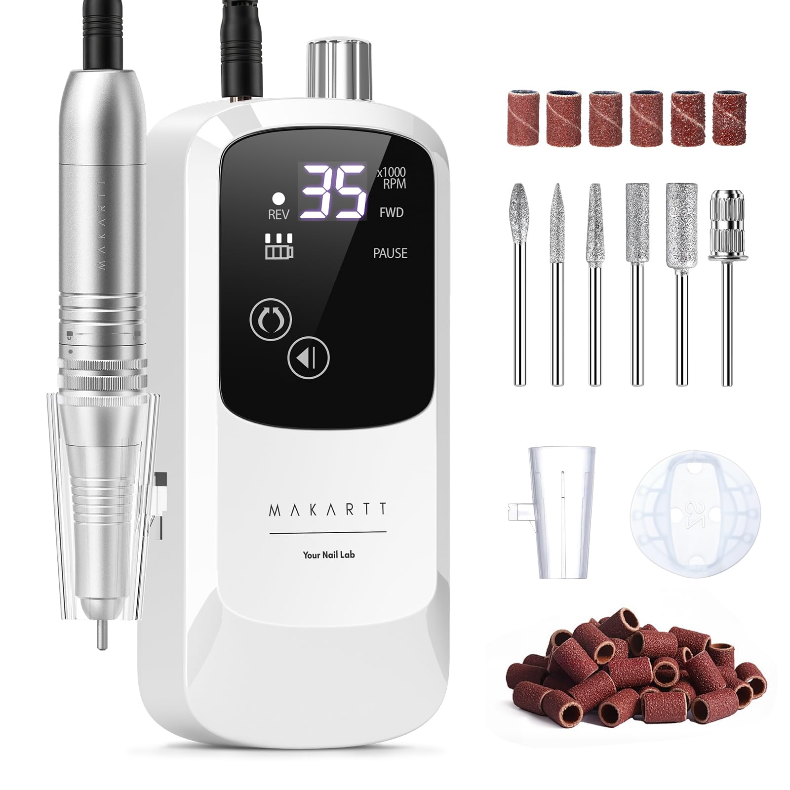 Makartt Trapano elettrico ricaricabile per unghie, 35000 giri/min, lima professionale per unghie con supporto per rimuovere la lucidatura del gel acrilico, senza fili, con kit di punte per manicure e