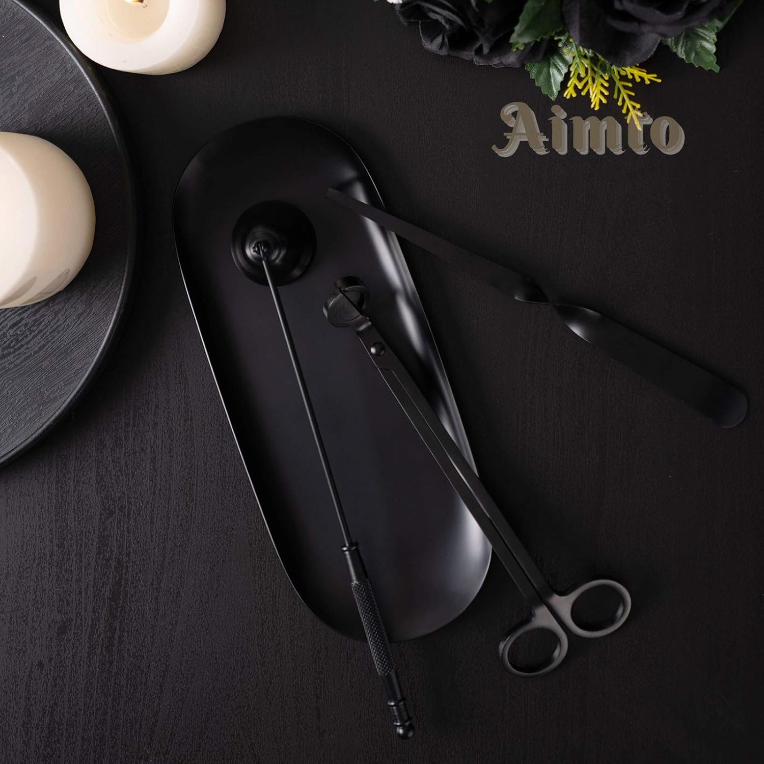 Aimto Candle Snuffer Accessory Set 4 in 1 - Candle Snuffer, Wick Trimmer, Wick Dipper and Plate Tray for Putting Out Extinguish Candle Wicks Flame Safely (Black) : Home & Kitchen