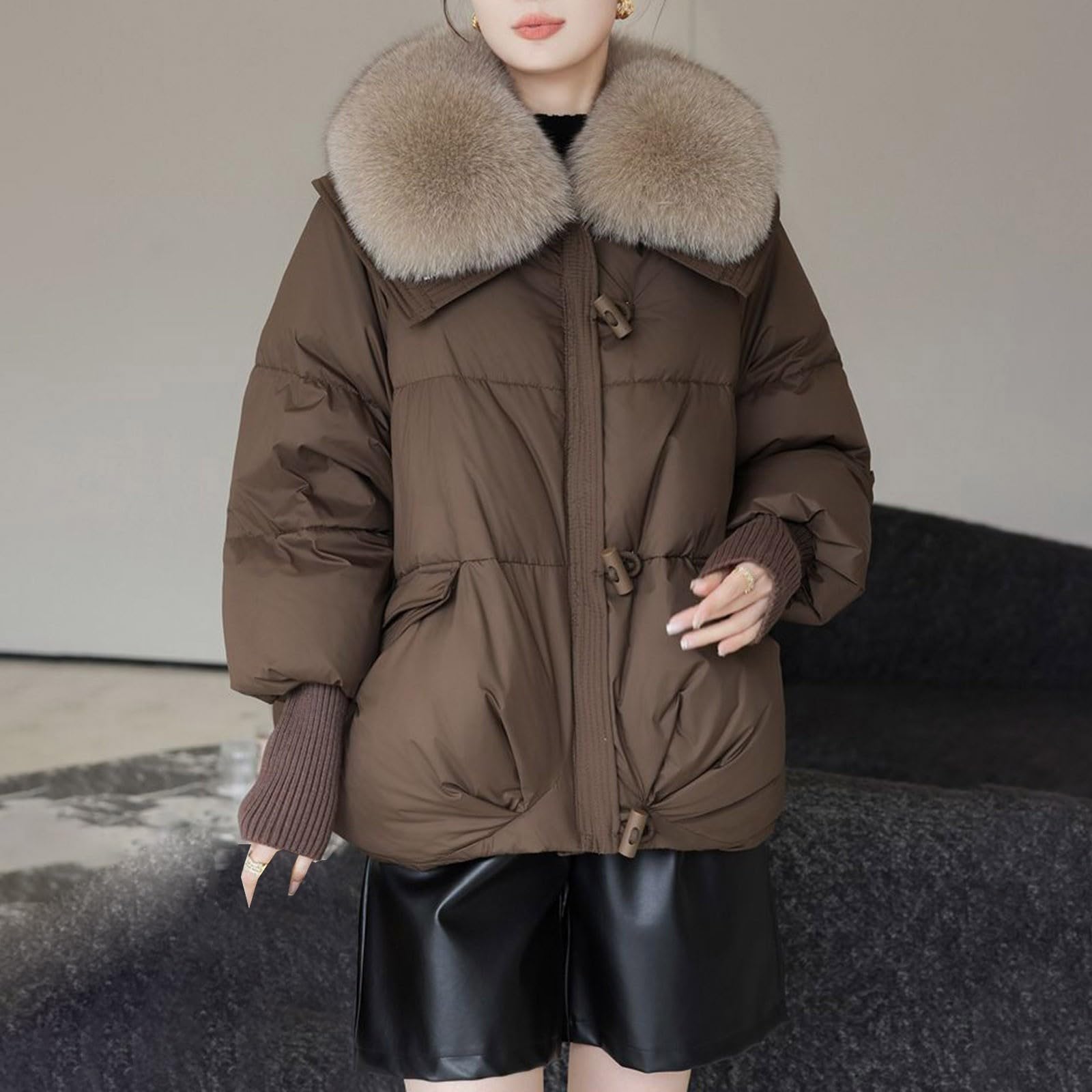Veste thermique pour femme - Col bouffant - Parka ample - Chaude - Veste de neige épaisse - Poche zippée - Faux vêtement d'extérieur pour femme