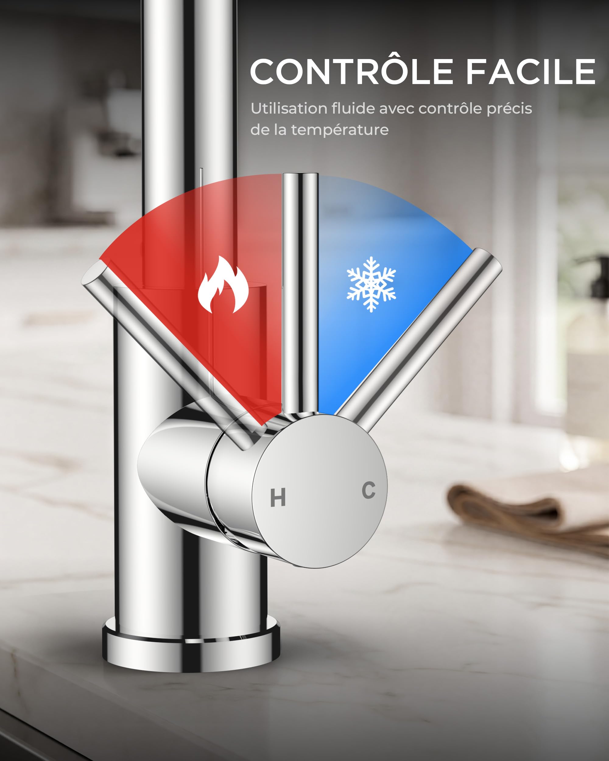 FORIOUS Robinet Cuisine, Robinet Evier Extensible, Mitigeur Cuisine à Poignée Unique avec 3 Modes, Robinet D'évier à Ressort Rotatif à 360°, Chrome Poli