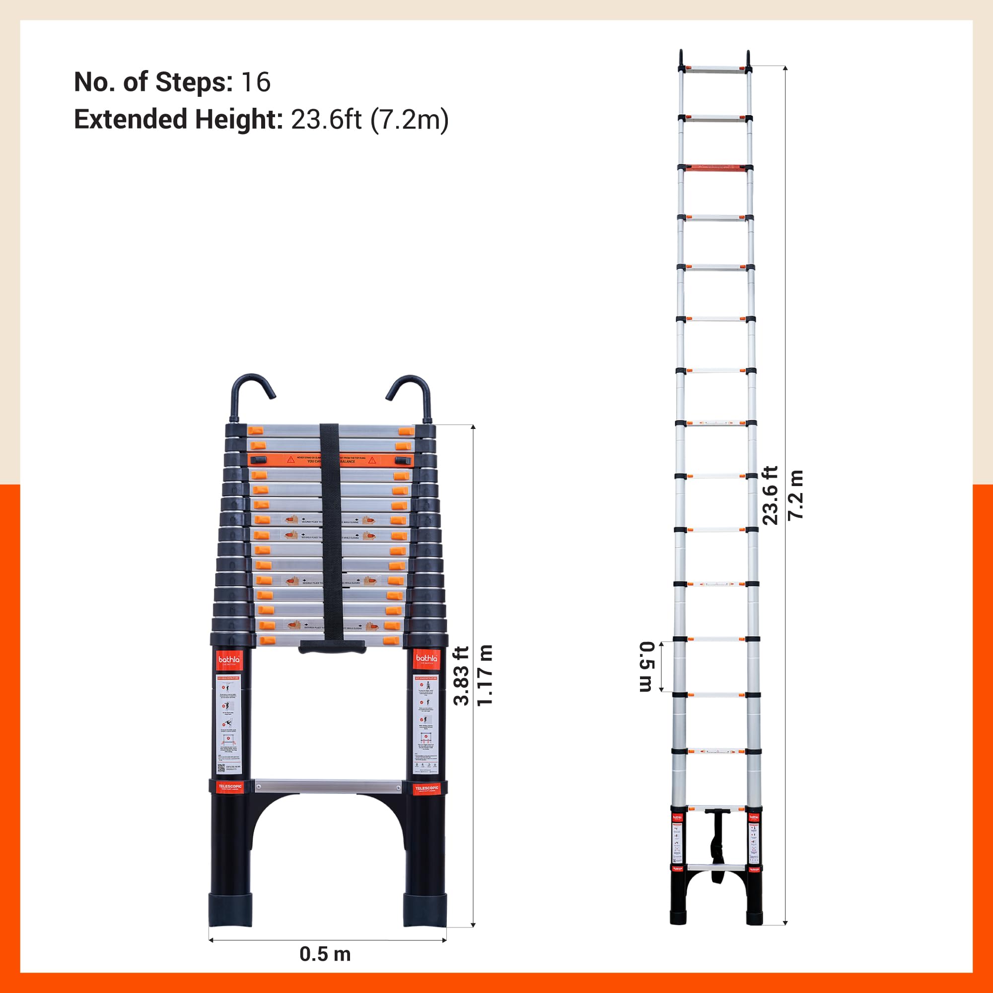 Bathla 23.6 ft Aluminium Telescopic Ladder with Safety Hooks & Triangle Stabilizers | EN131 Certified | 2-Year Manufacturer Warranty | Portable & Compact |150kg Load Capacity | Made in India (7.2 mtr) — Amazon image 3