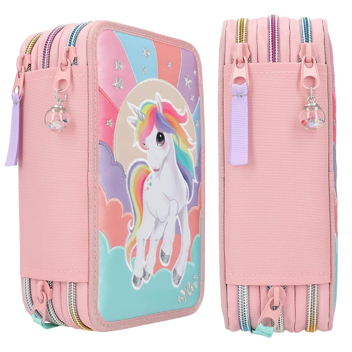 Depesche 12616 Ylvi Rainbow - Gefüllte 3-Fach Federtasche mit Einhorn Motiv und glitzerndem Kugelanhänger, Federmäppchen mit Buntstiften, Lineal, Schere uvm.