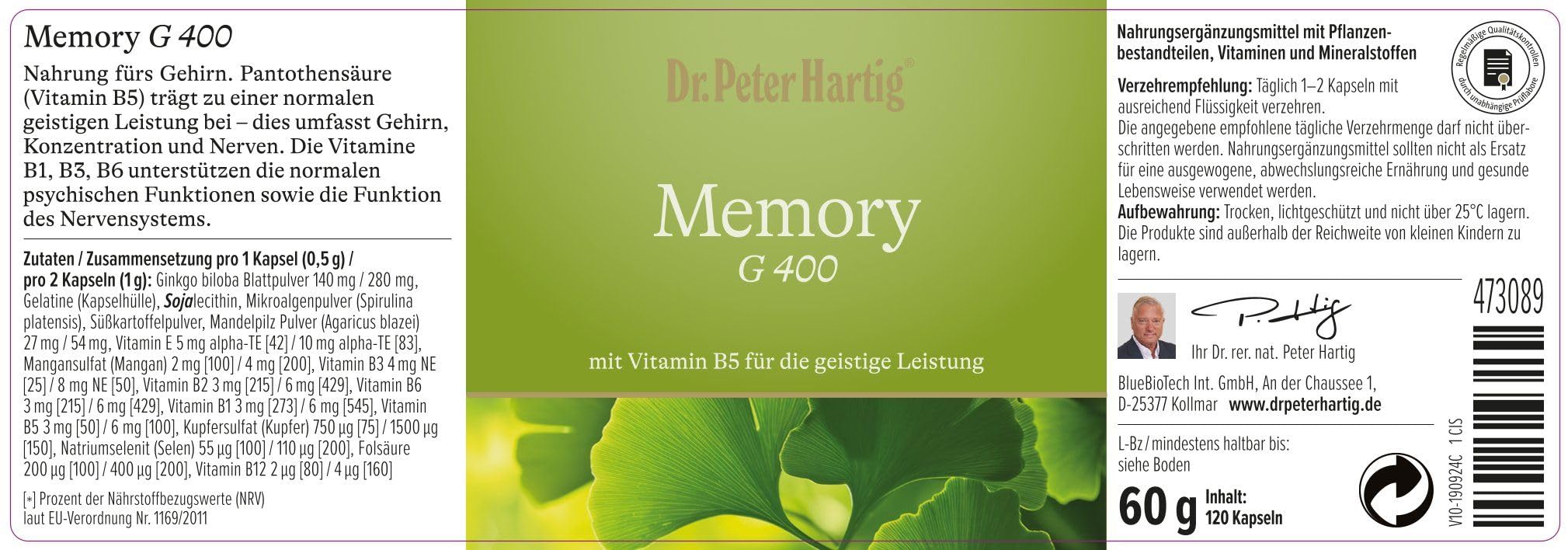 Dr. Peter Hartig Memory G 400 120 Kapseln 4-Monats-Vorrat Gedächtnis Geistige Leistungsfähigkeit Laborgeprüft Lactose-, Gluten-, Hefefrei