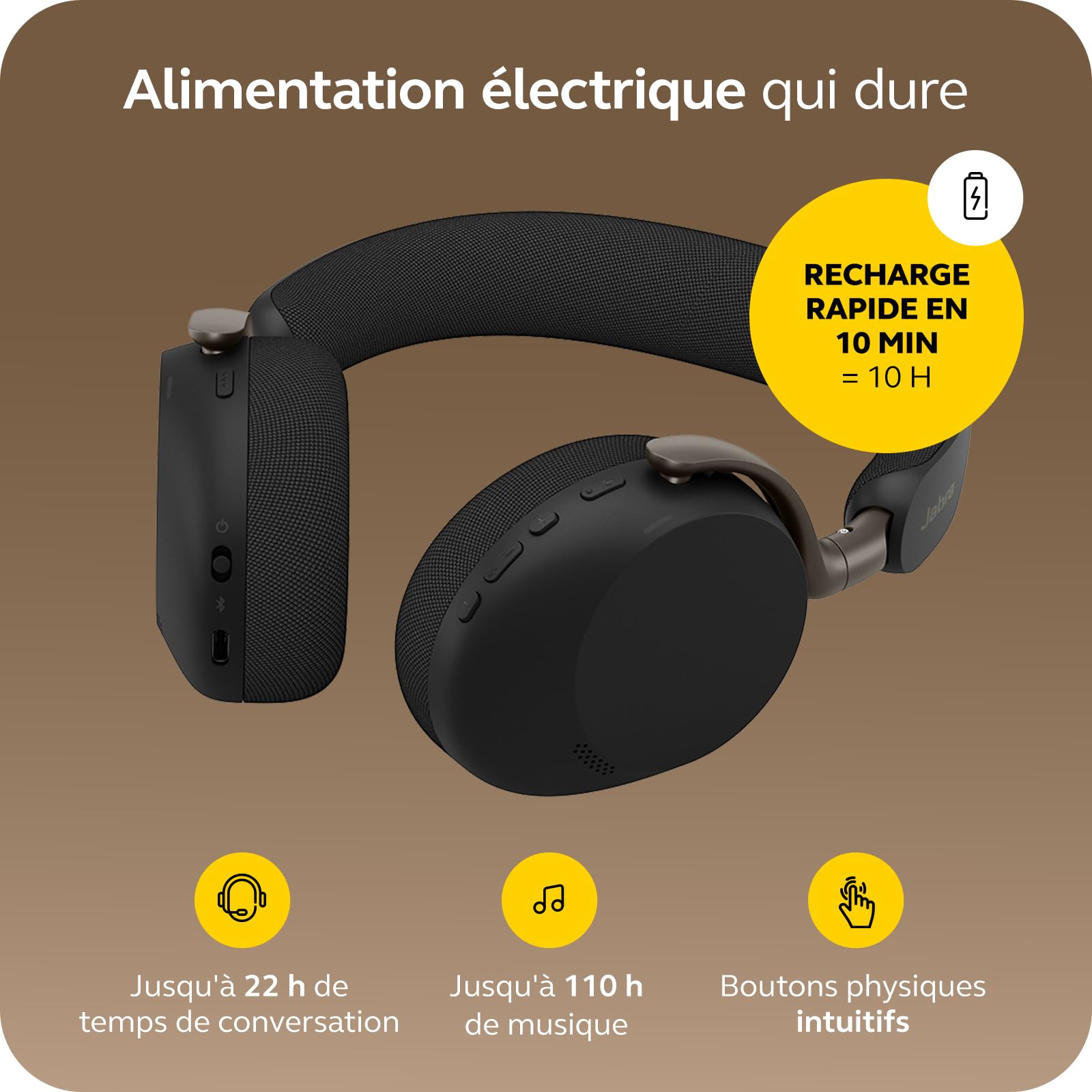 Jabra Evolve3 75 Casque on-Ear Bluetooth sans Fil avec Micro et Station de Charge pour Travail, USB-C, IA Appel Vocal, ANC Avancée, 22h, MS Teams Certifié, Noir