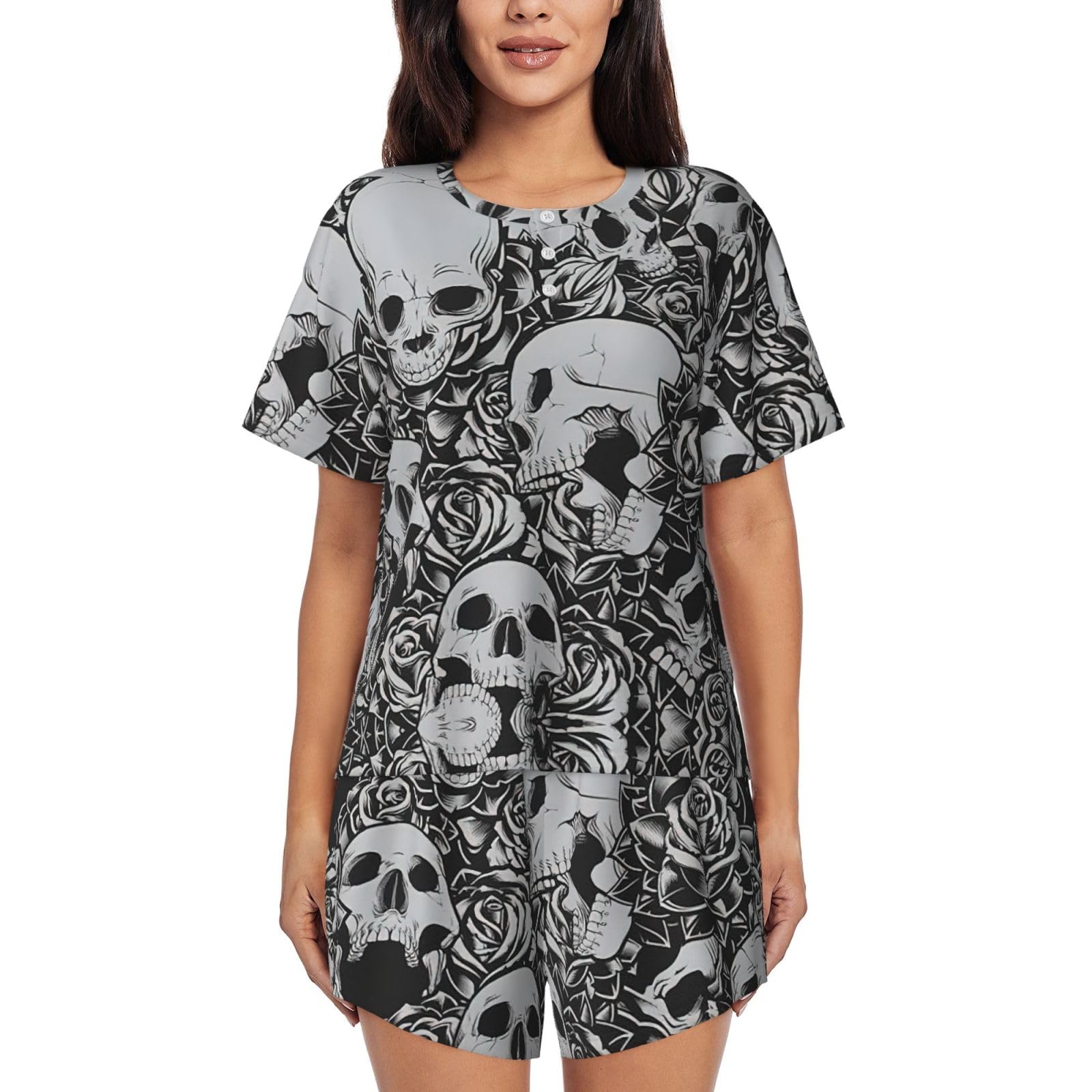 Yagdaa Women's Black Horrible Dark Skulls Flowers Pattern Print 2-Piece Pajamas For Short Sleeve Pjs Set Summer Sleepwear Soft Loungewear Nightwear