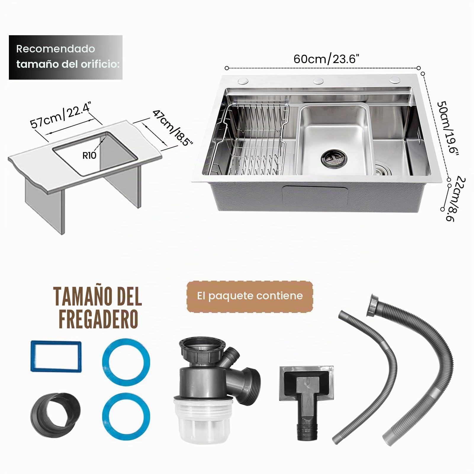 Fregadero de Cocina 60x50cm de Acero Inoxidable 304, Con 3 Agujeros de Montaje (35mm), Tubo de Desagüe Sifón, Cesta de Drenaje, Tabla de Cortar, Pequeña Cuenca, Filtro, Lavabo Bajo/Sobre Encimera