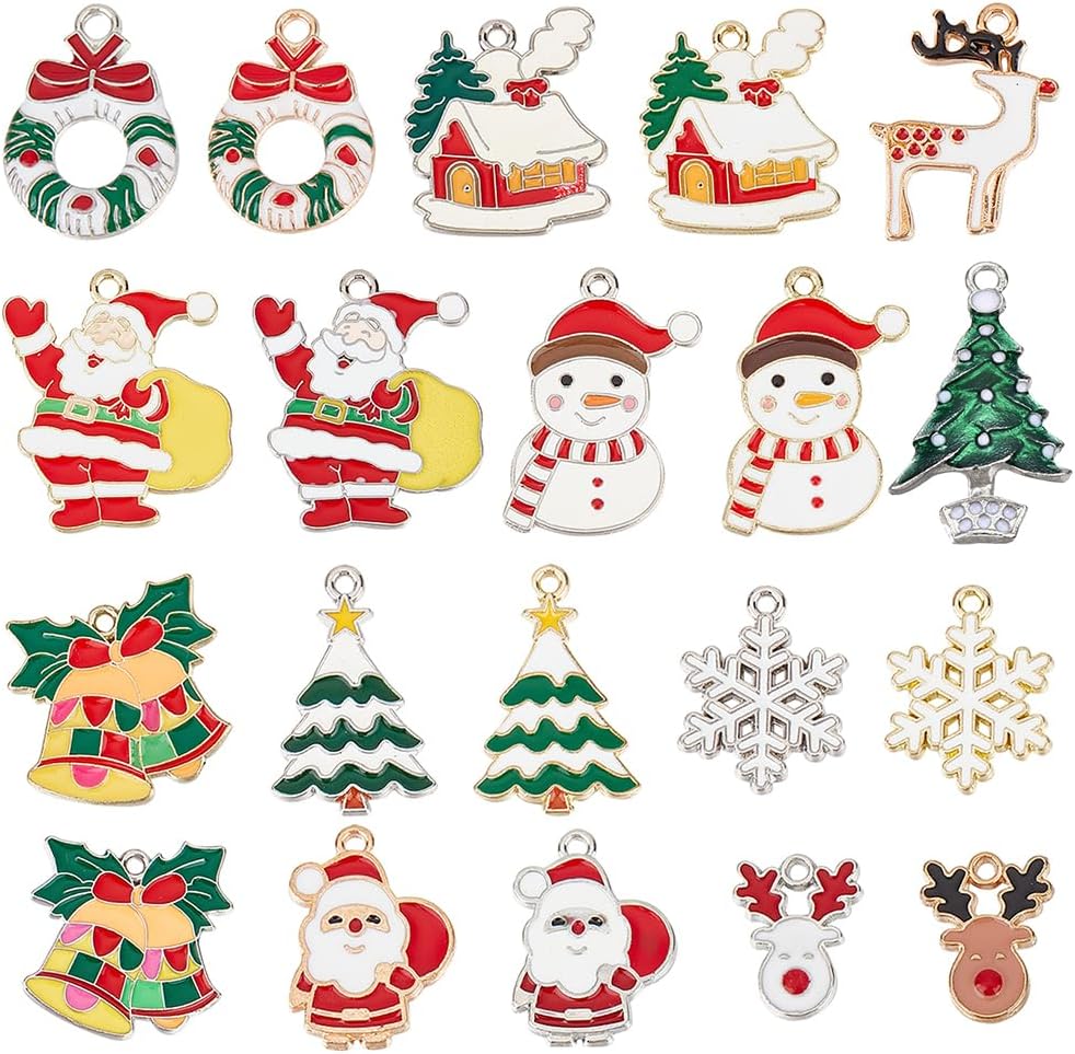 SUNNYCLUE 1 Box 40Pcs 20 Style Christmas Tree Charms Xmas Charms Winter Charm Bulk Bell Santa Claus Charm for Jewelry Making Charms DIY Earrings Bracelet Necklace Craft Christmas Party Decor Supplies