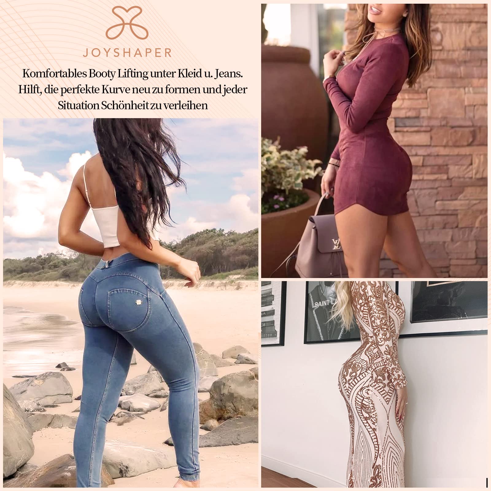 Joyshaper Damskie majtki push-up, majtki modelujące figurę, majtki biodrowe, bielizna modelująca, czarno-beżowe, S-XL