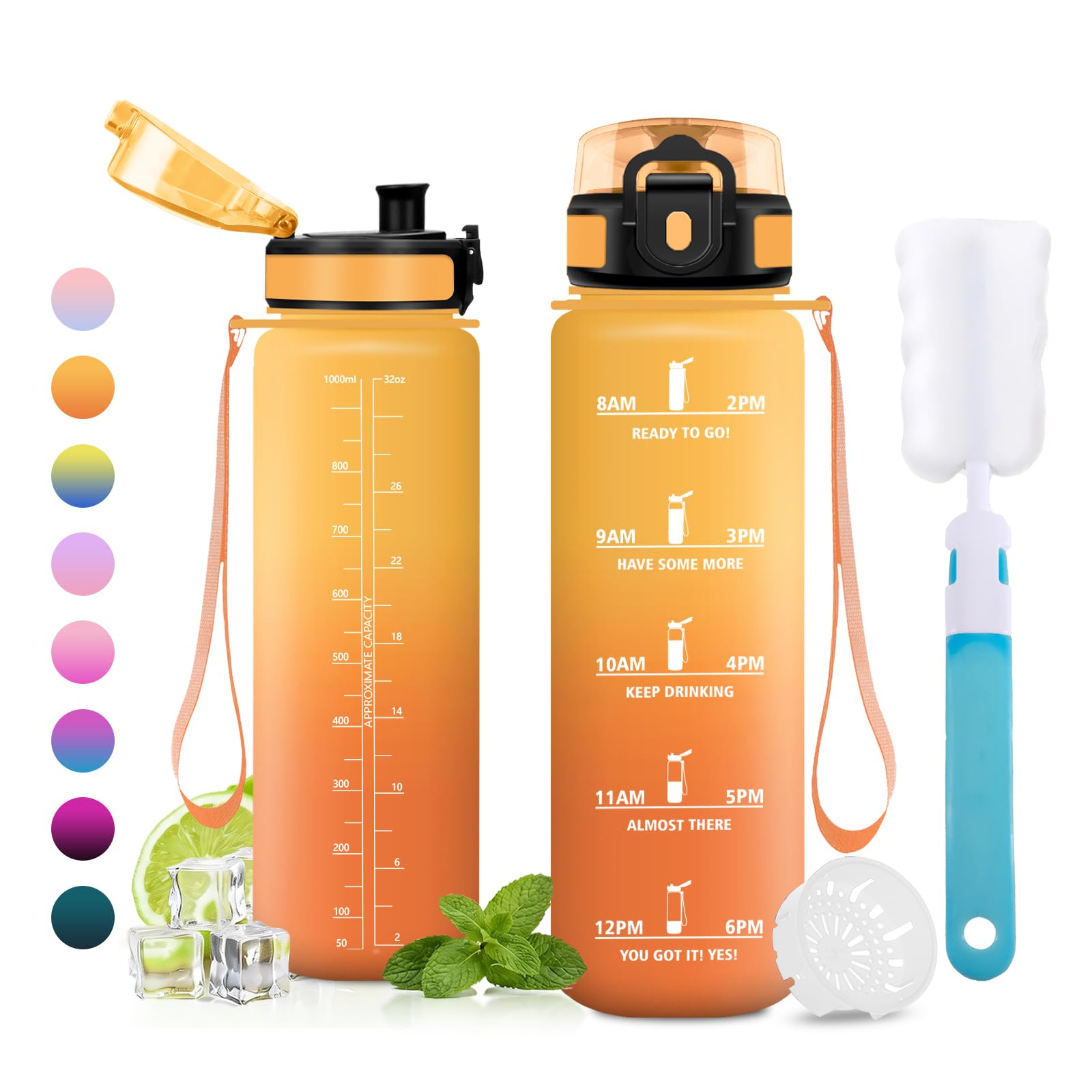 JAPORIA 1L Water Bottle with Time Markers Filter Leak-Proof BPA-Free School Office Gym Water Bottle