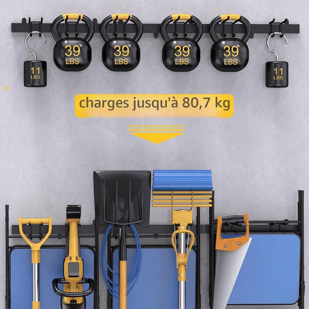 Bomclap Porte-outils mural en métal de 12 cm pour garage, cave, atelier, balai, râteau, organisateur d'outils (noir)