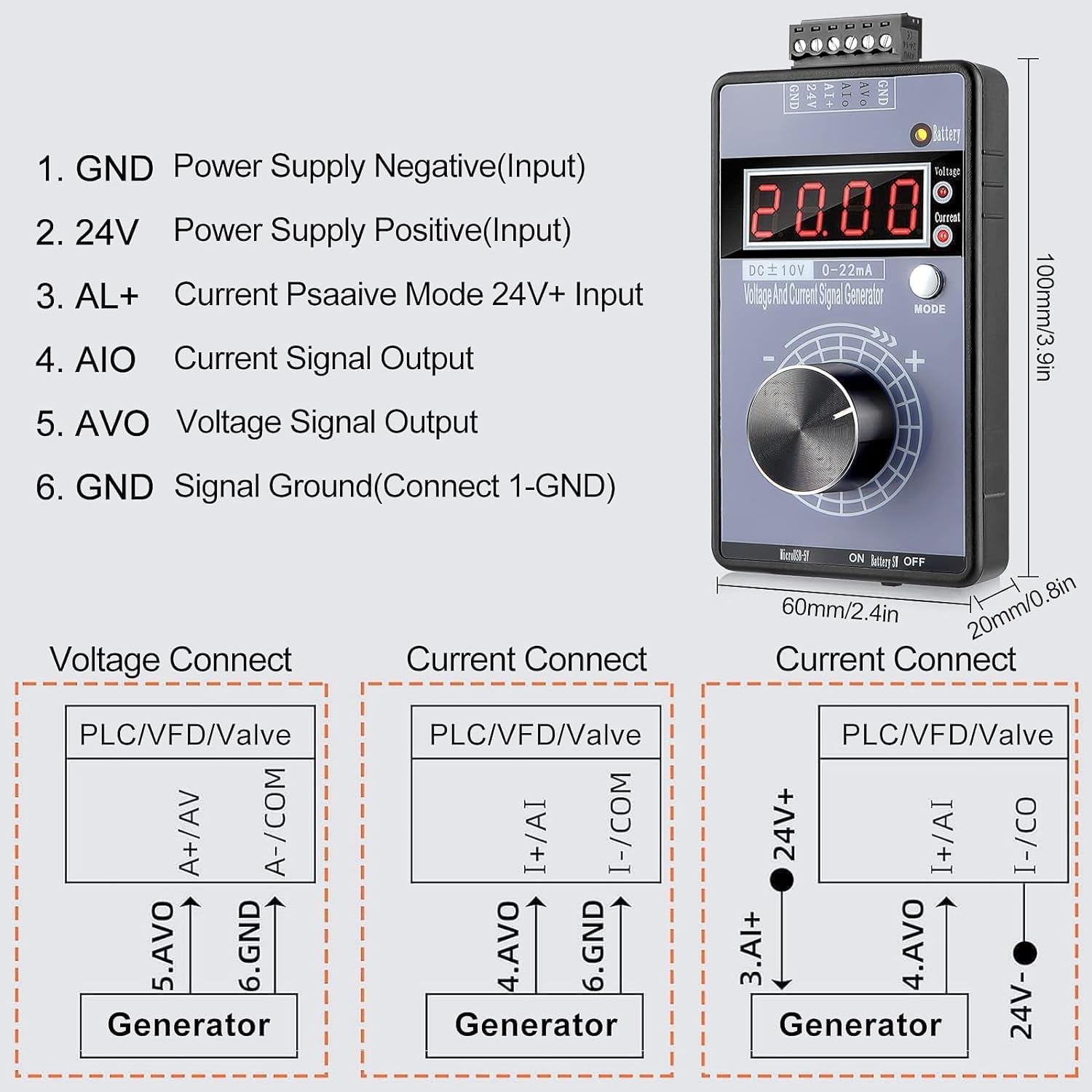 GéNéRateur de Signaux de Courant Et de Tension, GéNéRateur de Signal Portable Dc 0-10 V 0/4-20 Ma, Affichage RéGlable à 4 Chiffres, Utilisé Pour Plc, DéBogage de Panneau, Test D'éQuipement