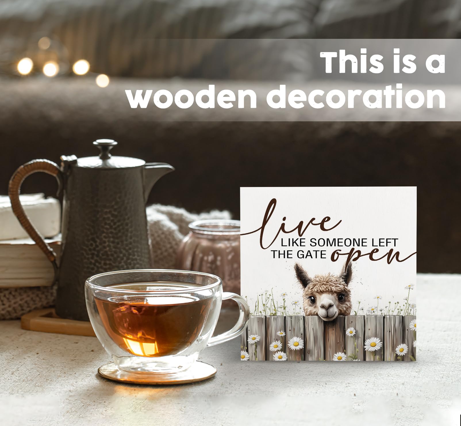 Letreros de madera de alpaca con texto en inglés "Live like Someone Left the Gate Open", decoración rústica para el hogar, regalos de alpaca para mujeres