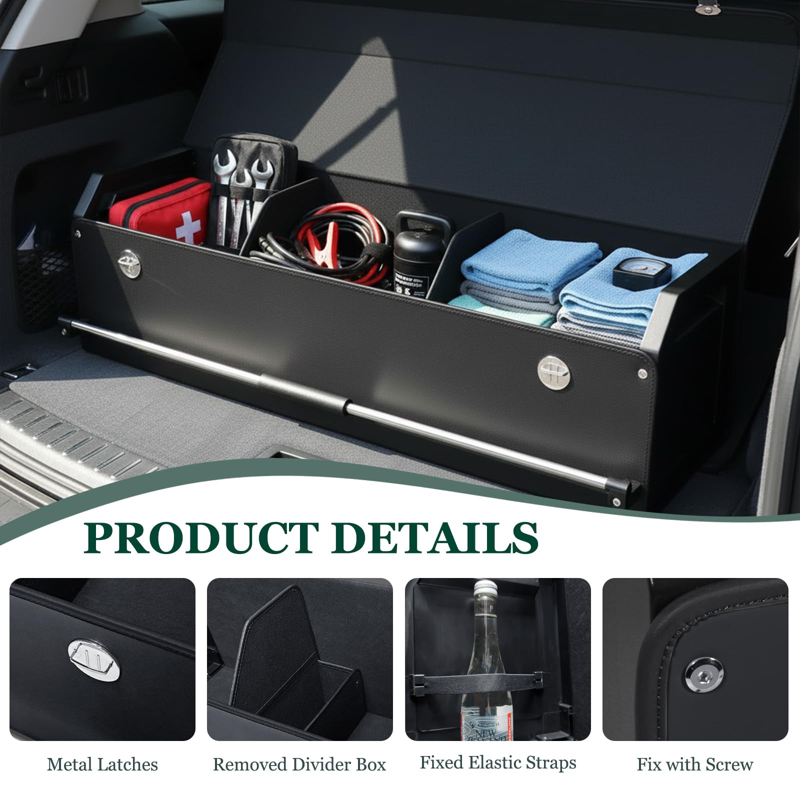 Kofferraum Organizer mit Deckel – Premium NAPPA-Leder, Tragbarer Push-Pull-Griff & Stabile Universal Aufbewahrungsbox für Auto & SUV (Schwarz, 103 x 29 x 31 cm)