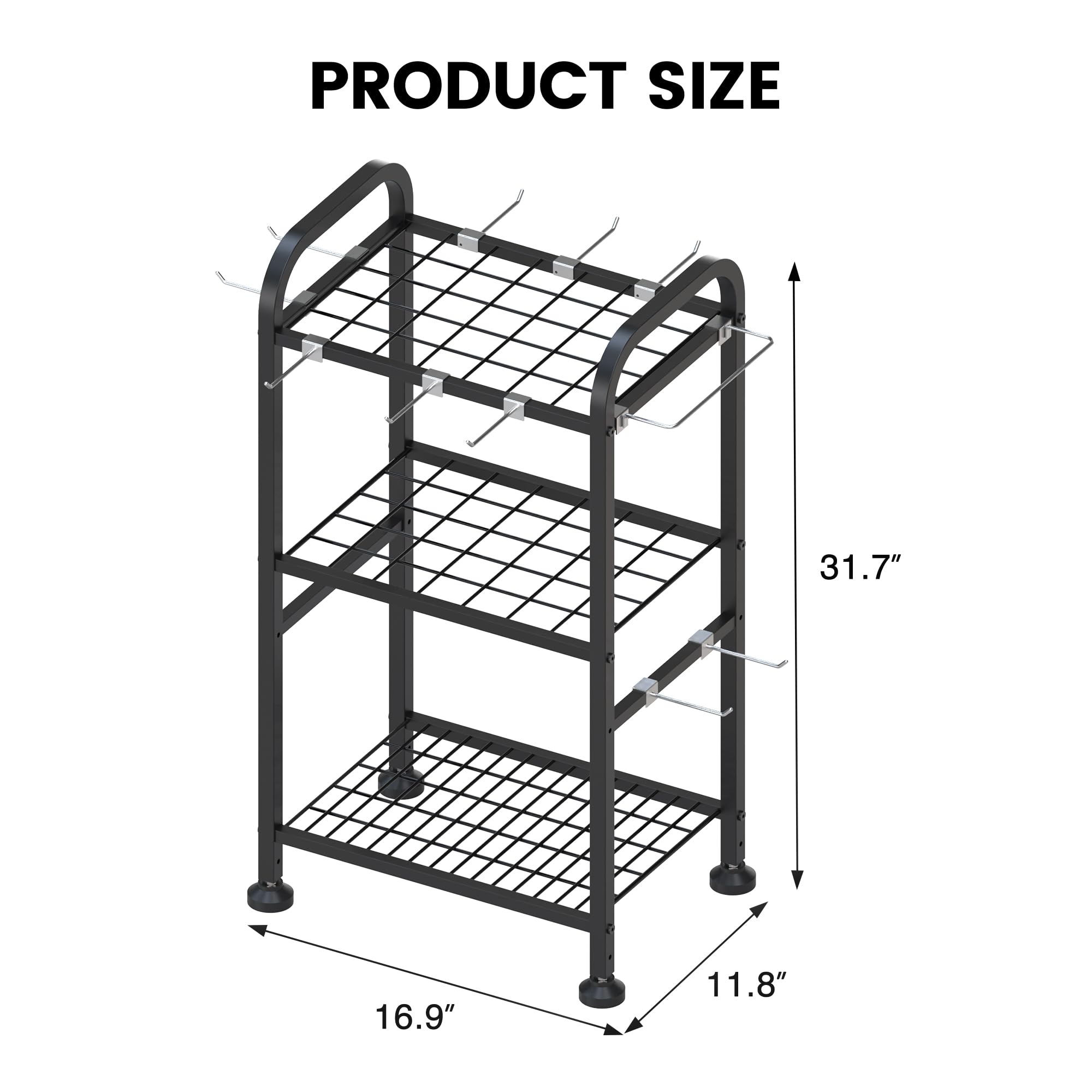 UNITEDPOWER Garden Tool Organizer, Tool Storage Rack with Shelves and 10 Hooks, Yard Tool Holder for Garage, Shed, Home, Outdoor, Up to 35 Long-Handled Tools, 3-Tier