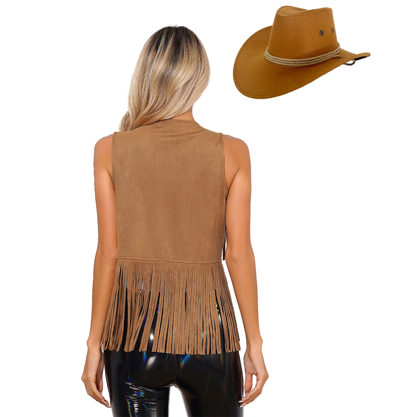 Femme Gilet Frangé Sans Manches Veste Cowgirl Avec Chapeau Occidental Gilet Pour Déguisement Mascarade