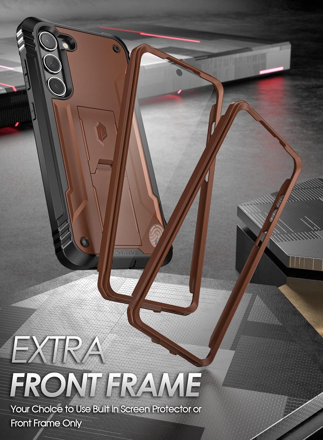 Poetic Revolution Series Case for Samsung Galaxy S23 5G 6.2" (2023), Built-in Screen Protector Work with Fingerprint ID, Full Body Rugged Shockproof Protective Cover Case with Kickstand, Brown