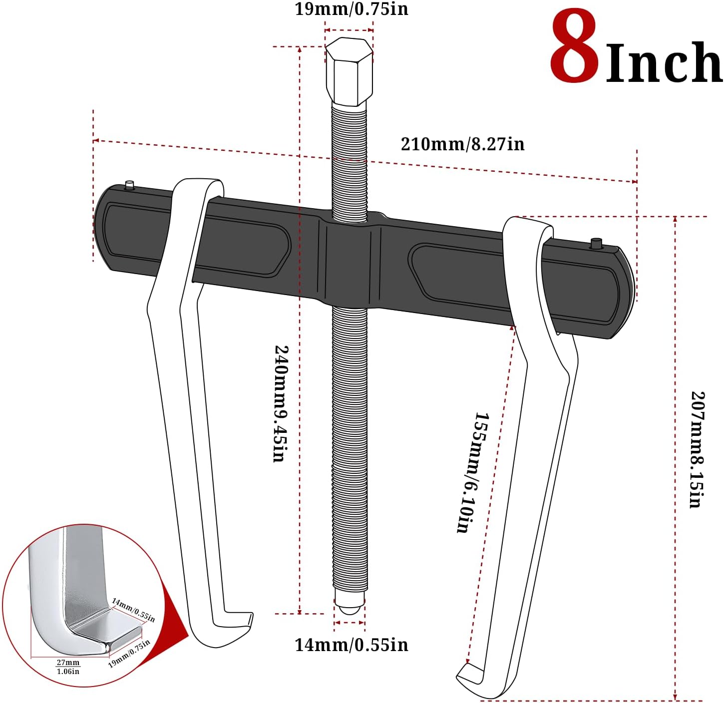 BILITOOLS 8" 2 Jaw Gear Puller, Bearing & Pulley Removal Tool, Internal External Reversible for Flywheel, Gears & Pulleys