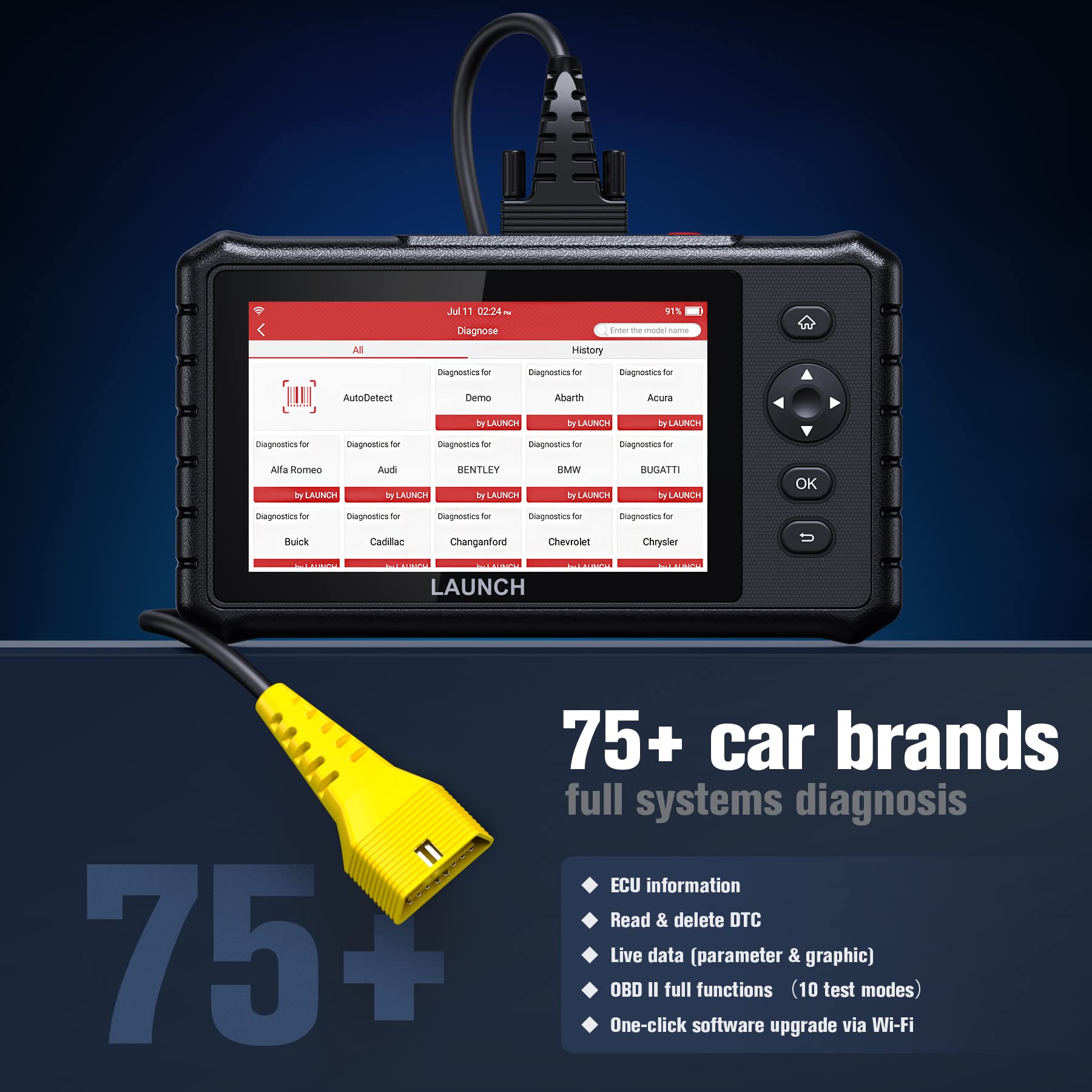 LAUNCH Europe CRP 349 diagnostyka półprofesjonalna & skaner OBD II, wsparcie ponad 75 marek samochodów i 28 funkcji serwisowych, Android 7, Odpowietrzanie układu chłodzenia; Bilans mocy silnika