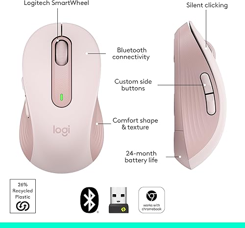 Vista 7 de Logitech Ratón inalámbrico Signature M650 - para manos pequeñas, batería de 2 años, clics silenciosos, botones personalizables, Bluetooth, para Rosa