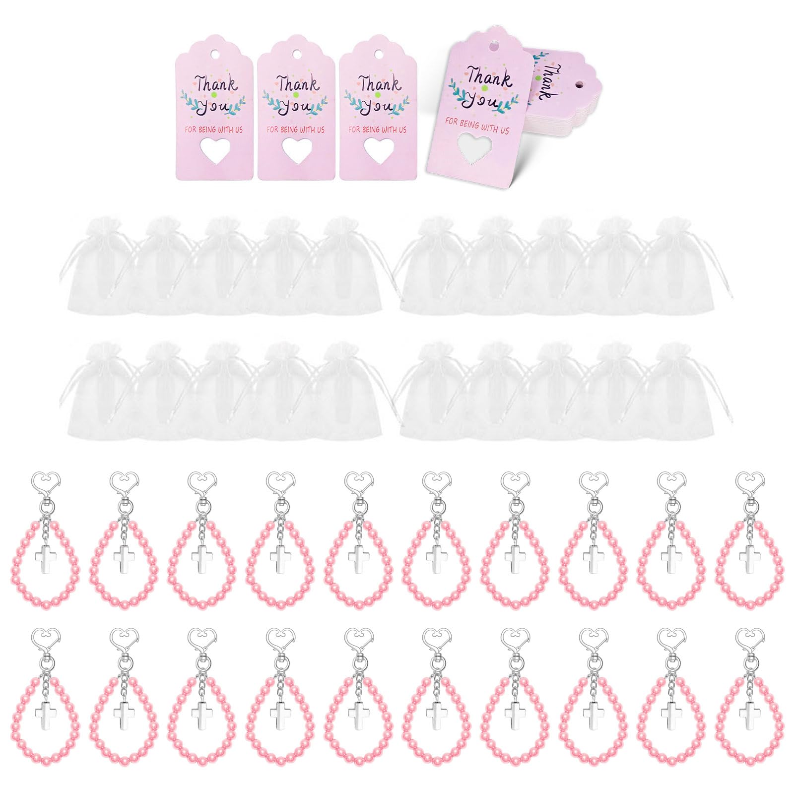 Tsophreniq Of 20 Crosses Beaded Chain Favor Set with Organza Bags and Cards for Baby Baptisms and First Communions Individualized Event Cards