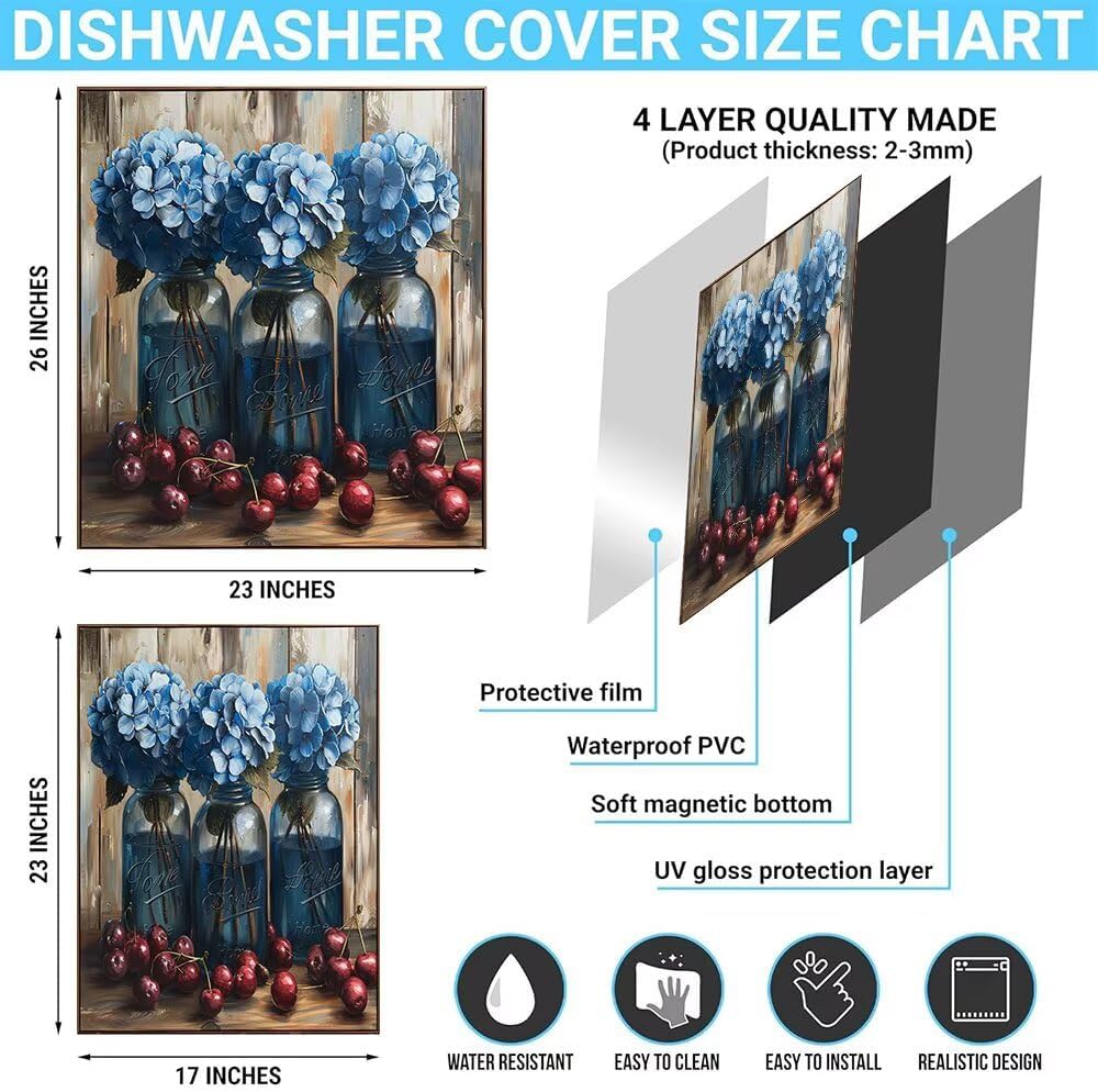Farmhouse Hydrangeas Magnet Dishwasher Cover Skin Panel, Red Berries Home Decor Refrigerator Magnets Cover, Mason Flowers Dishwasher Vinyl Magnetic Panel Decal, Reusable - 23" x 26" Magnetic