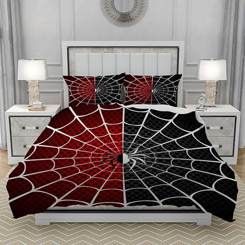Miniatura 4 de Juego de funda de edredón de superhéroe, tamaño matrimonial, funda de edredón de tela de araña roja y negra para decoración de dormitorio, 3 piezas