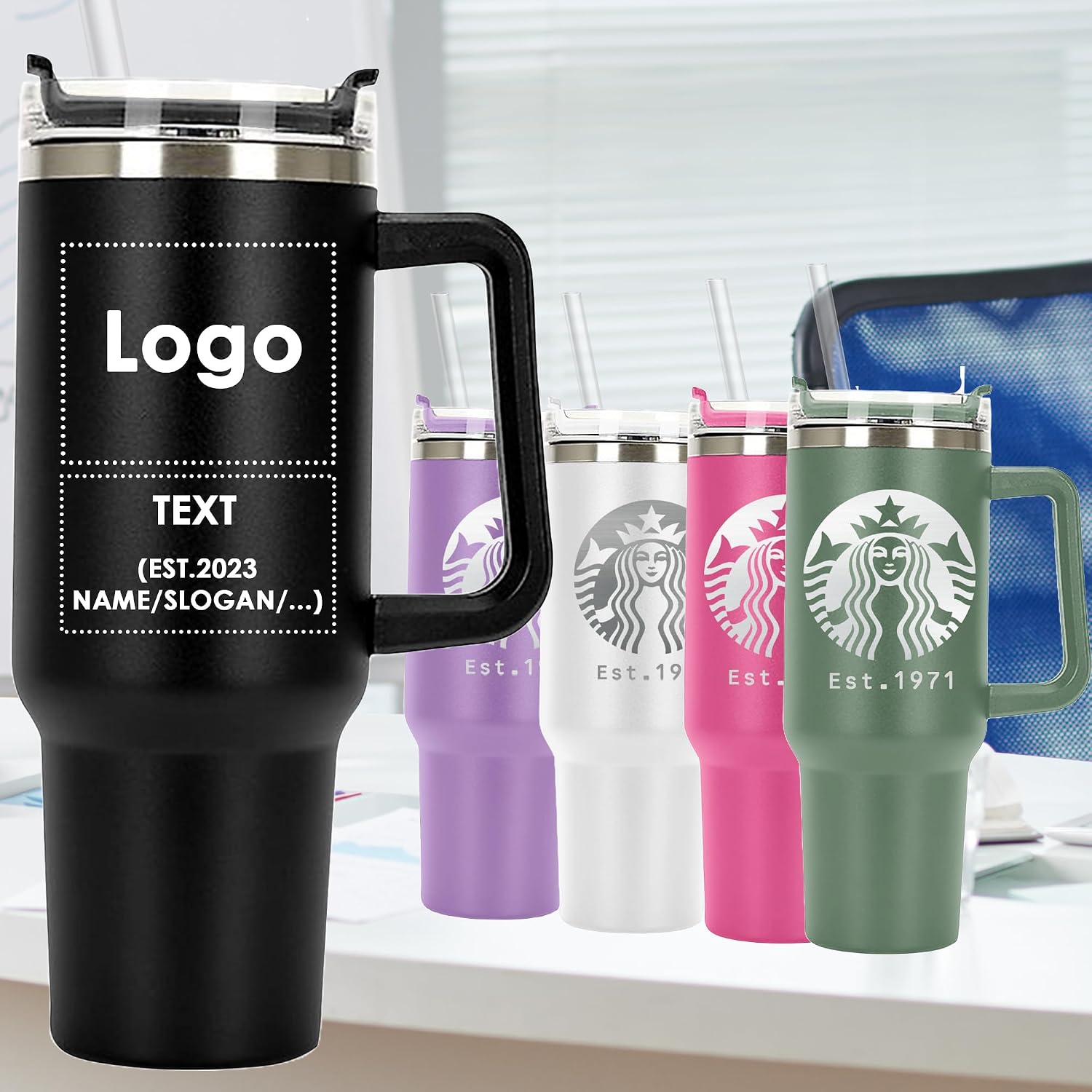Pack 3 Logo (Company, City, Football Team, Club) Personalized Tumbler 40 oz Laser Engraved, Insulated Cup with Handle, Lid and Straw, Custom with Name, Logo, Text, Image, Personalized Gifts