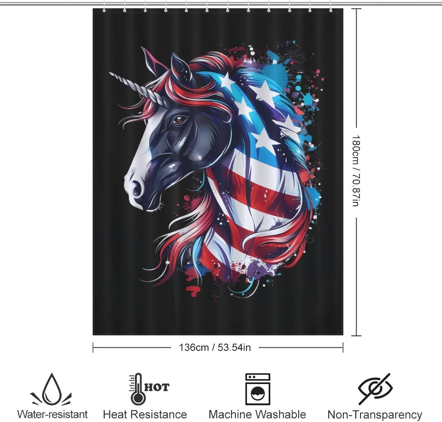 Horse in U.S. Flag Funny Shower Curtains Washable Bath Curtain Liner with Hooks for Bathroom Bath Tubs