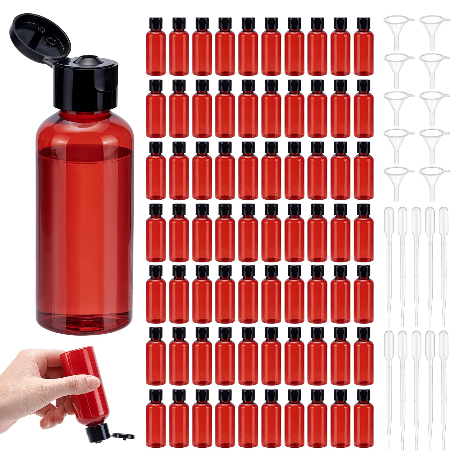 150 bottiglie di plastica vuote trasparenti da 60 ml, con chiusura a cerniera, in plastica, con coperchio, per shampoo e creme, con 20 imbuti e 20 pipette (rosso)