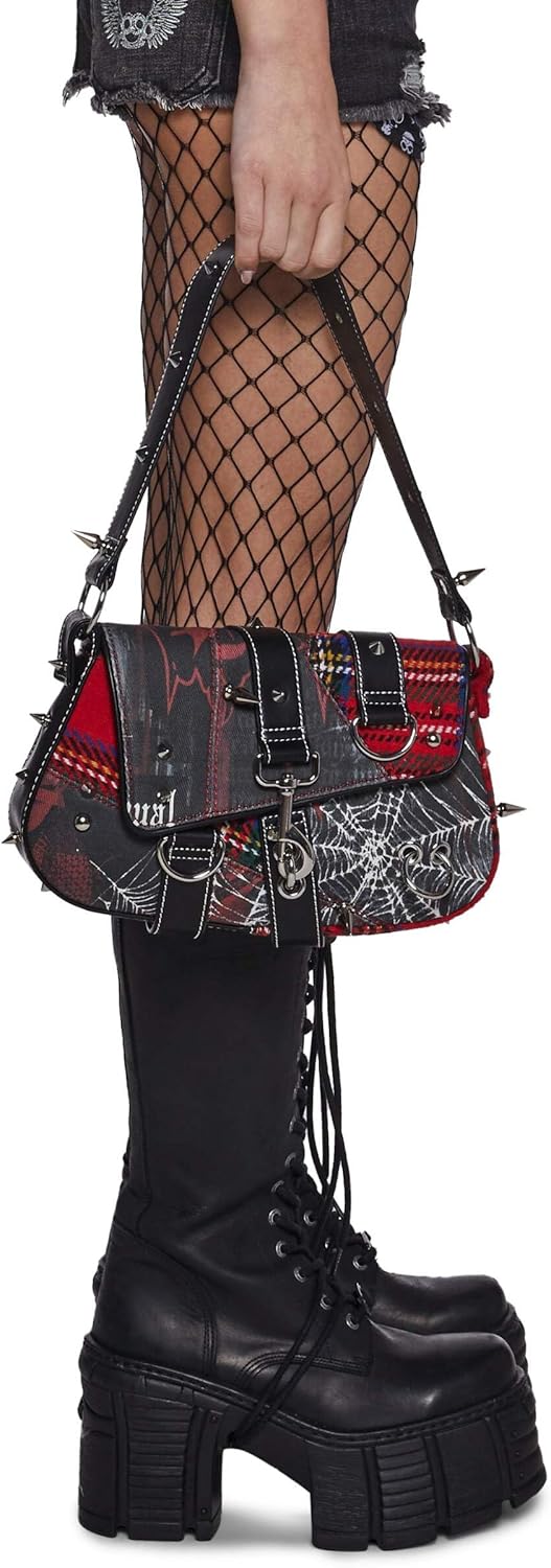 Dolls Kill Punk Chick Handbag by Current Mood – Studded Plaid Flap Shoulder Bag with Hardware Accents, One Size