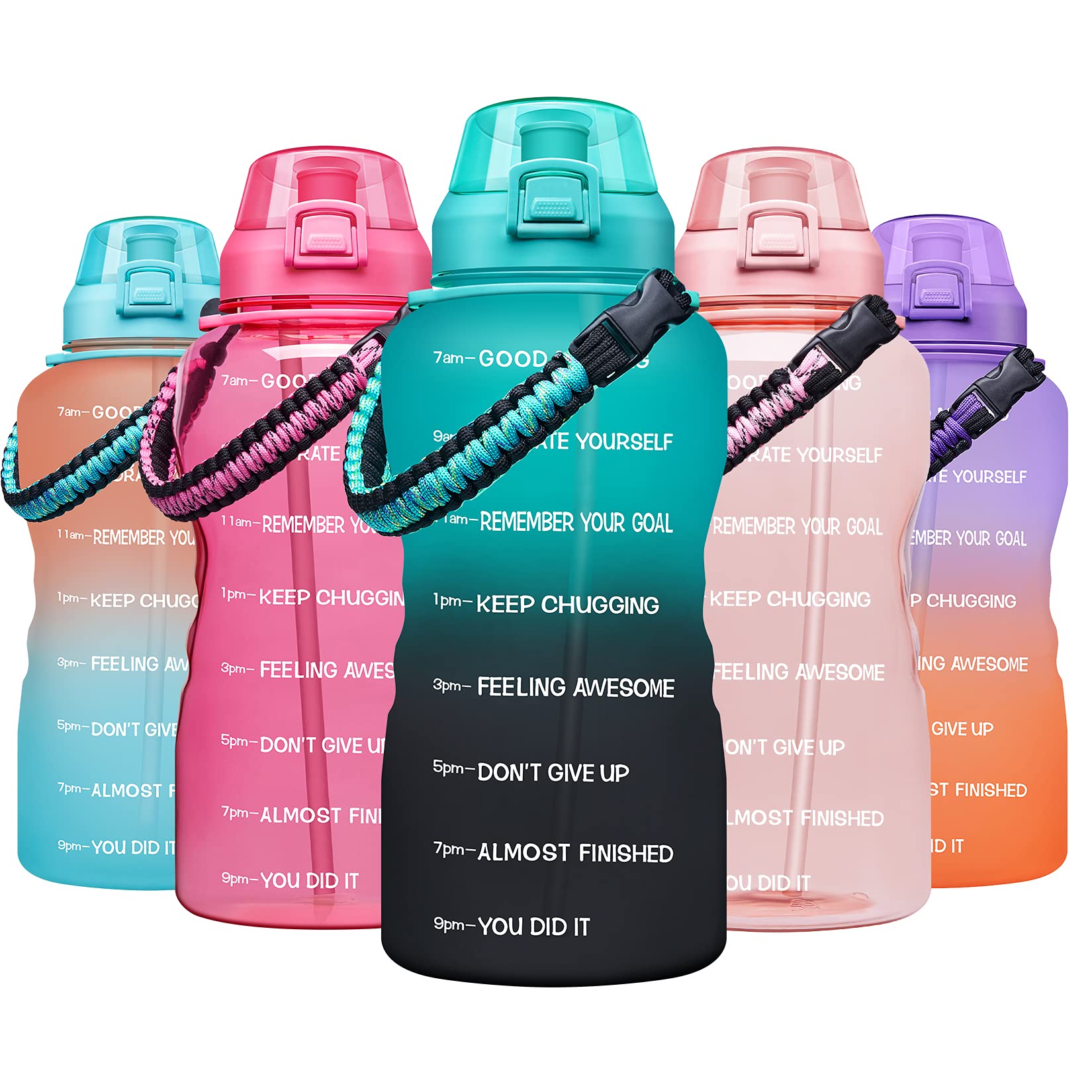 Giotto Large 1 Gallon/64 oz Motivational Water Bottle with Paracord Handle & Removable Straw - Leakproof Fitness Sports Water Jug with Time Marker