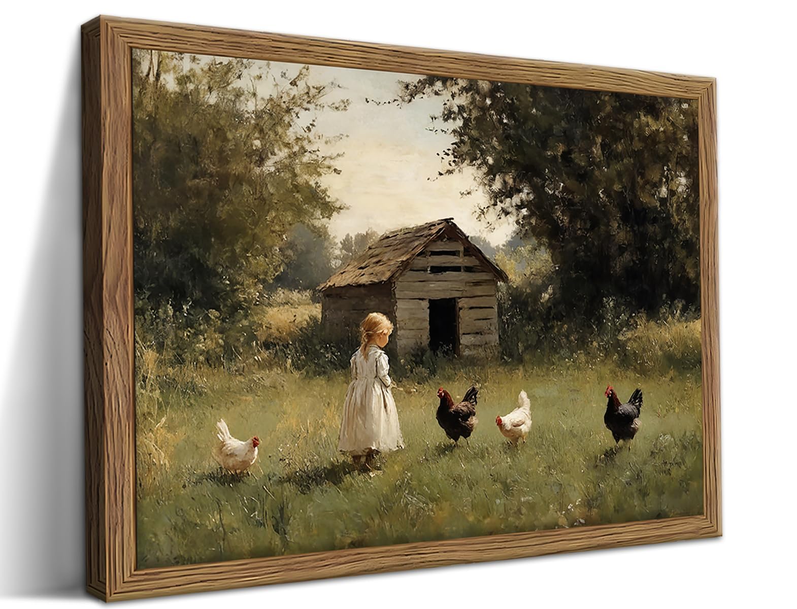 Vintage Country Framed Wall Art, Little Girl and Chick Canvas Prints, Rustic Landscape Picture Painting, Pastoral Farmhouse Wall Decor for Living Room Bedroom – Dark Wooden Frame 40x60 cm
