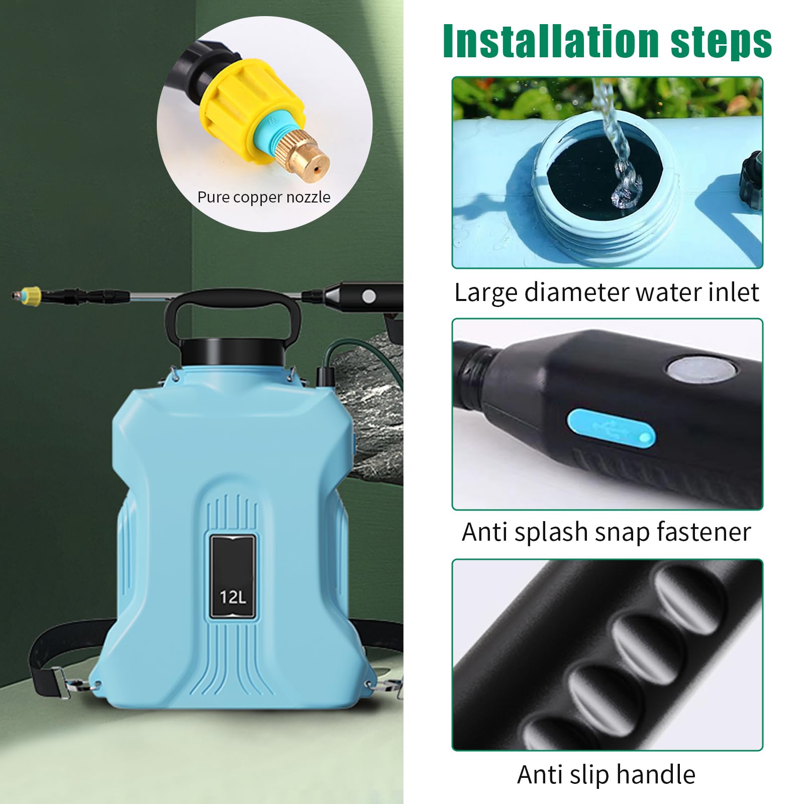 Spruzzatore a pressione a batteria, 7/12 litri, spruzzatore da giardino per la protezione delle piante, giardino, spruzzatore posteriore con ugelli e tracolla regolabile, spruzzatore a pressione per