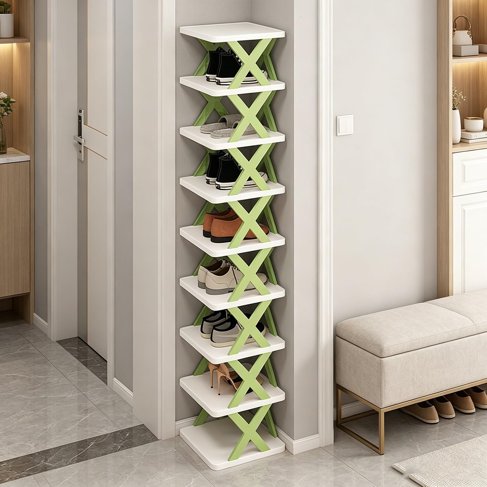 TELCIM 9-Tier Vertical Foldable Shoe Rack, Freestanding Shoe Storage Organiser, Multi Layer Shoe Tower Display Shelf for Hallway Entrance(Green)