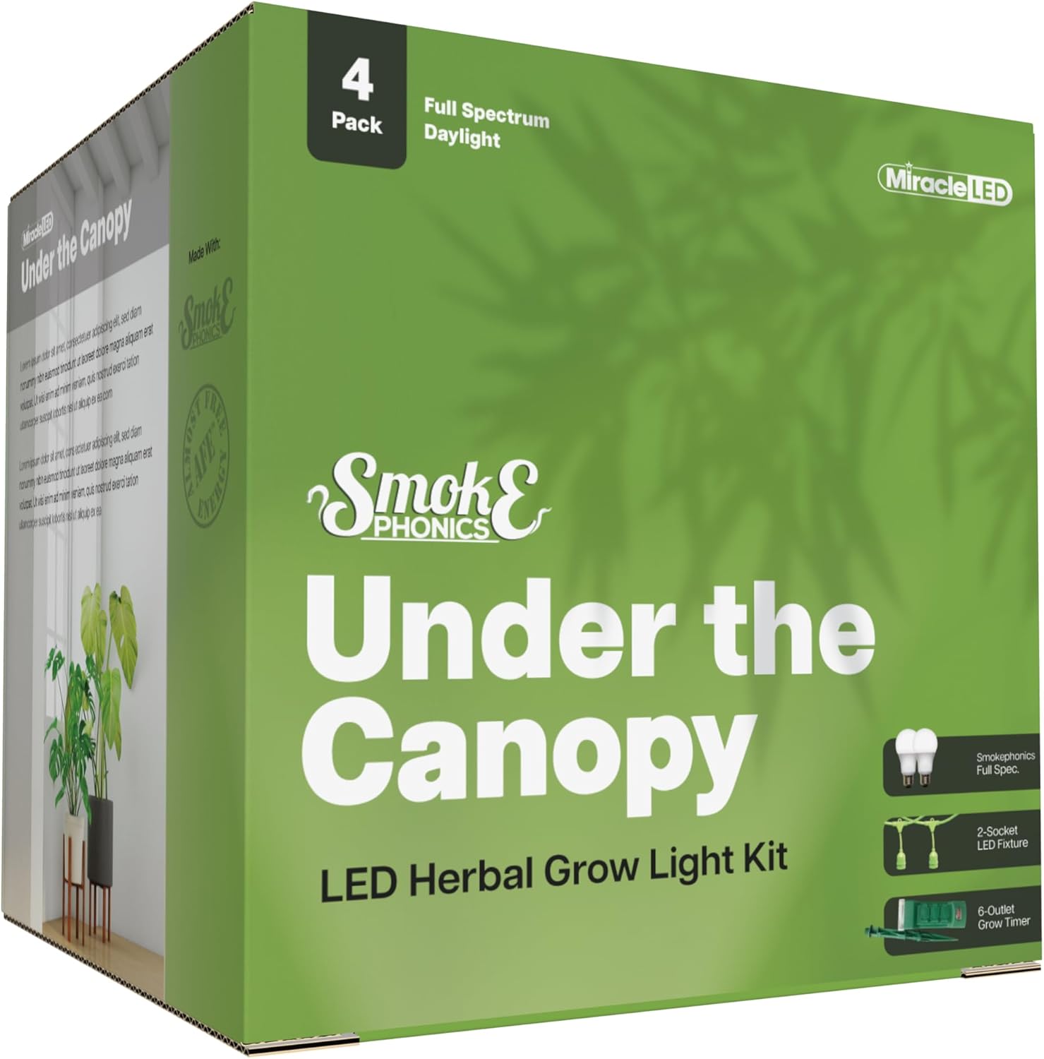 Miracle LED Smokephonics Under The Canopy Indoor Grow Light Kit - Double Plant Yield - Full Spectrum 150W Replacement Grow Bulbs & 2-Socket Corded Fixture with SproutMatic Timer (4-Pack)