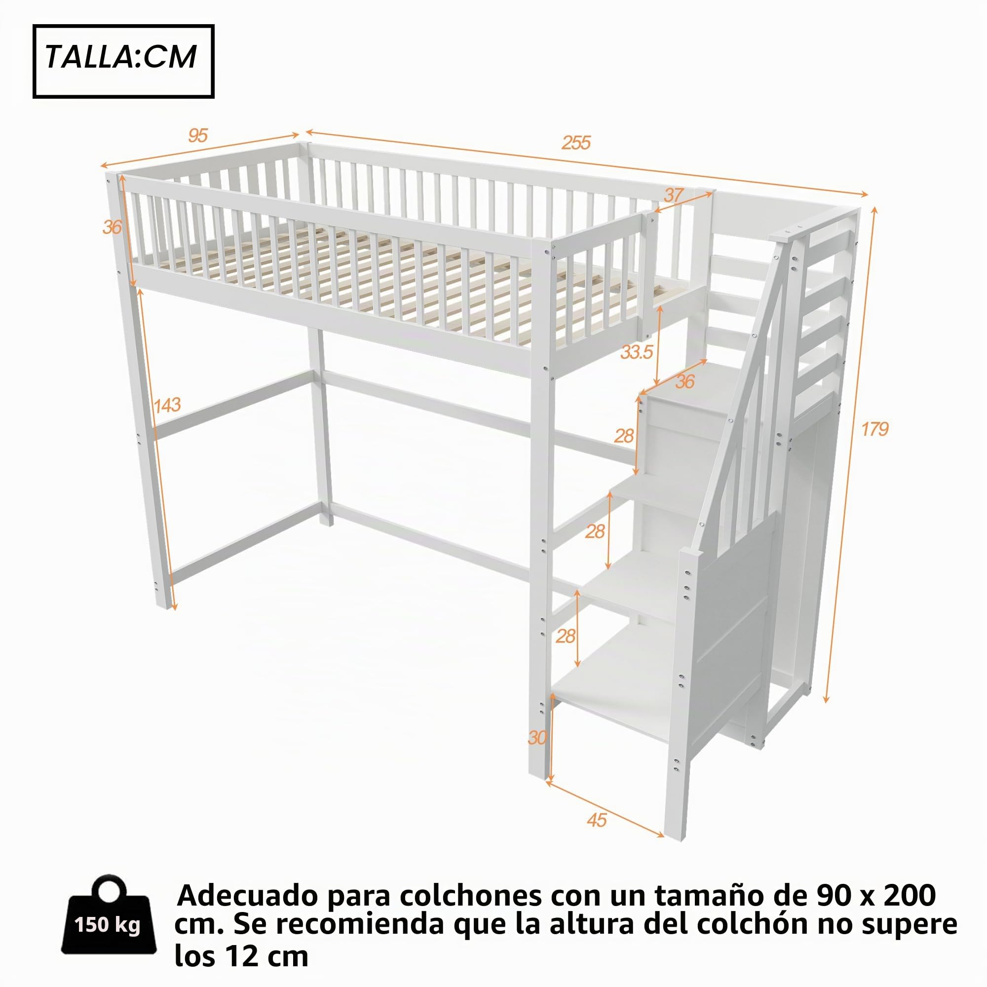 YESGIGA Cama alta 90 x 200 cm con escalera, cuna blanca de madera con estante de almacenamiento, armario sencillo (blanco, 90 x 200 cm)