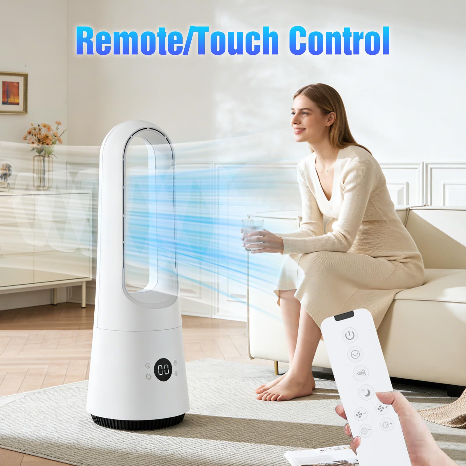 25 Zoll Blattloser Ventilator mit Fernbedienung, Turmventilator Standventilator 90° Oszillation 8H Timer Leiser Ventilator für Schlafzimmer, Luftventilator mit Touch-Bedienung (Schwarz-21 zoll)