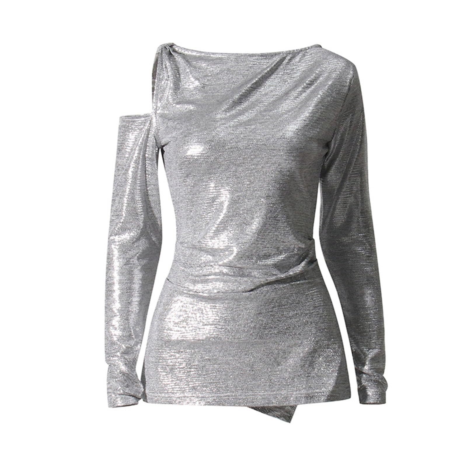 Damen Sommer Schulterfrei Glitzer Tops, Plissee Bodycon, Sexy Club Wear, Glitzernde Party Tops
