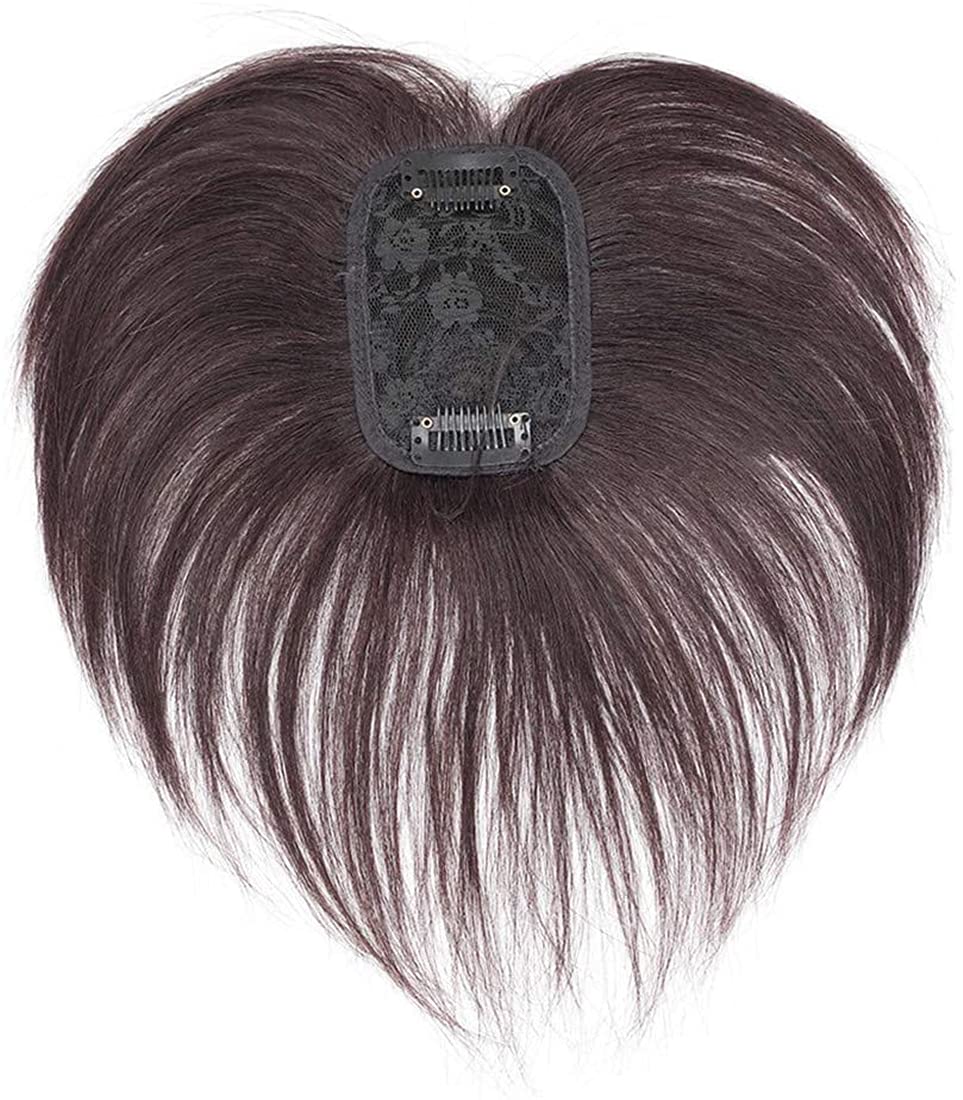 Human Hair Invisible Crown Topper Hairpiece Clip in Wiglet Hair Pieces Toupee with Bangs for Women, 6" Black