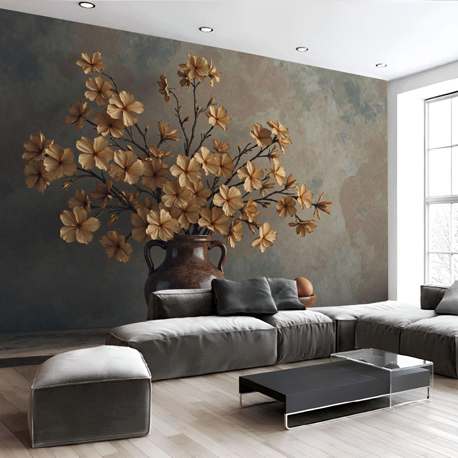 Papier peint panoramique plantes en pot automne gris brun : tapisserie murale salon 200x140cm